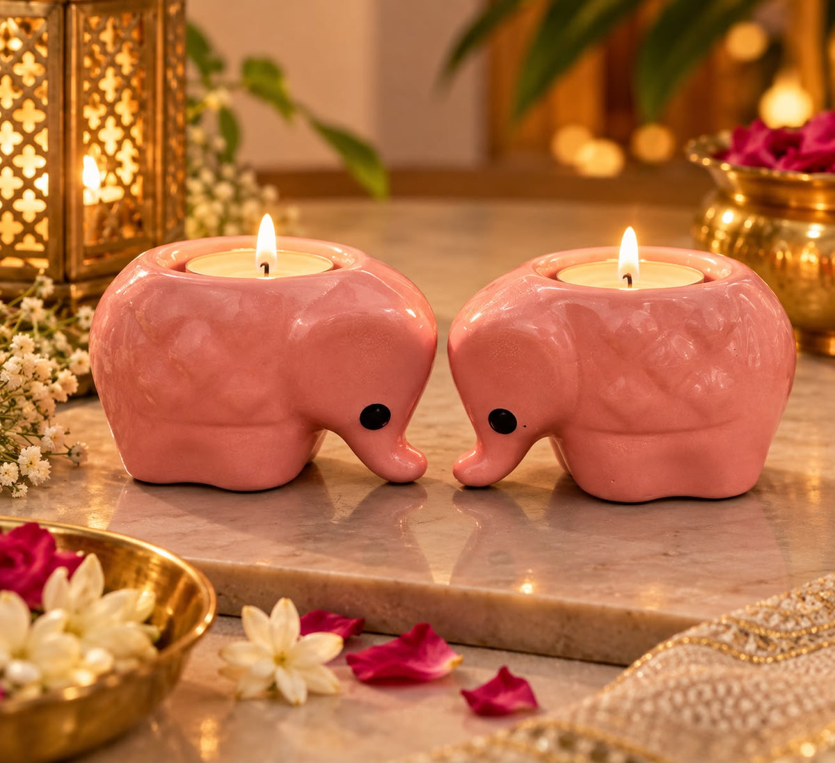Lupaava set of 2 pink ceramic elephant tealight holders