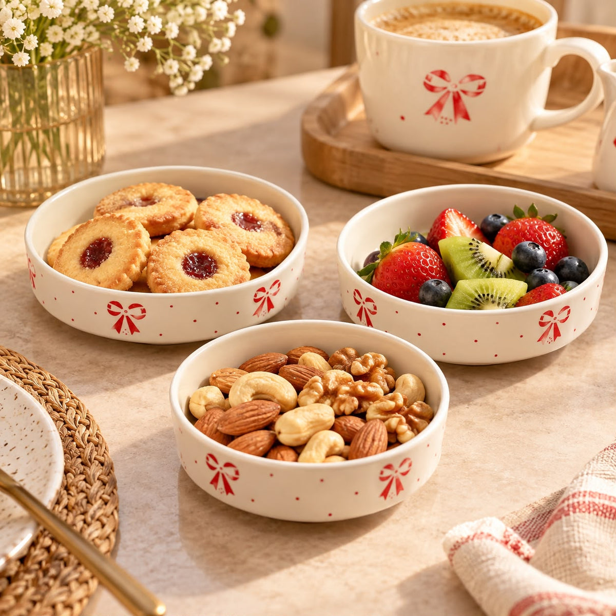 Set of 3 ceramic bowls with red bow print by Lupaava