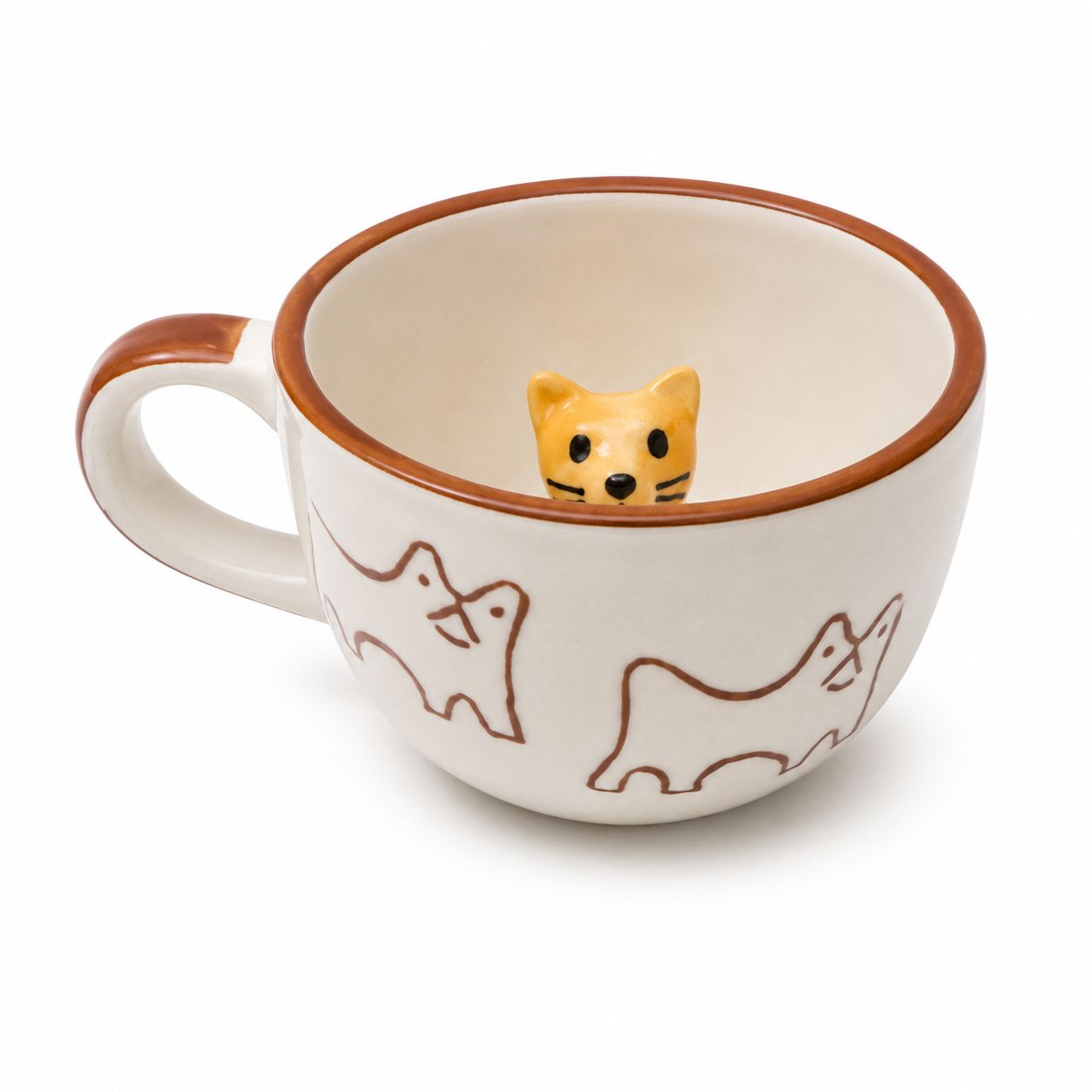 Ceramic mug with brown rim and handle, featuring dog illustrations and a small dog figure inside on a white background.