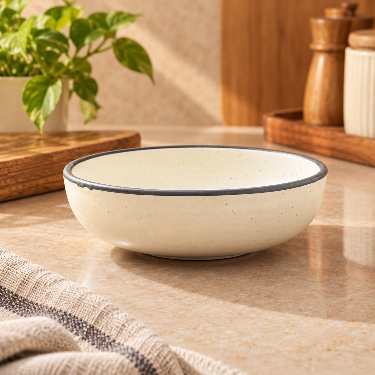 Cream ceramic bowl with dark edging for serving dips, chutneys, nuts and desserts.