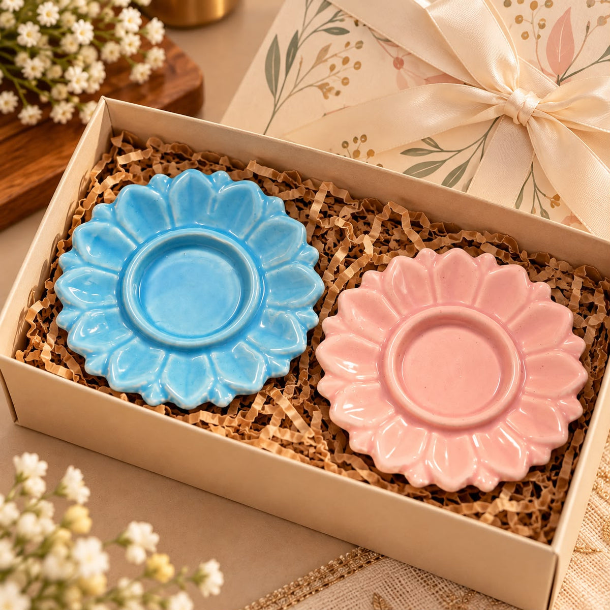 Two small flower-shaped ceramic plates, one light blue and one light pink, presented in a gift box with shredded paper filler and a floral-patterned lid.