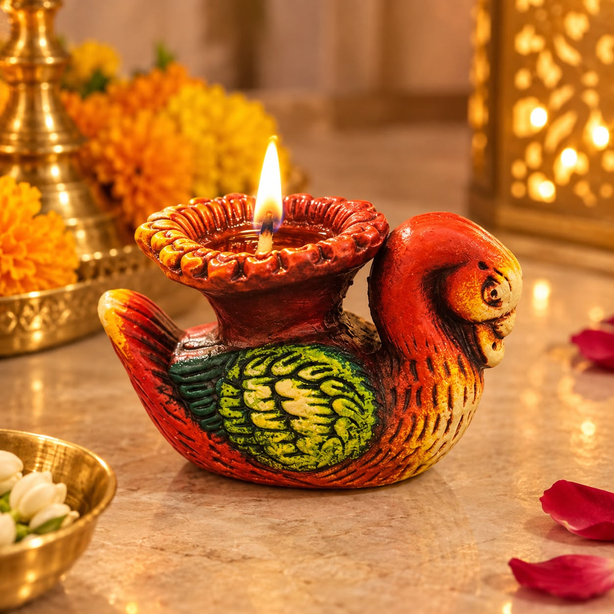 Traditional colourful bird lamps for Indian festive decoration