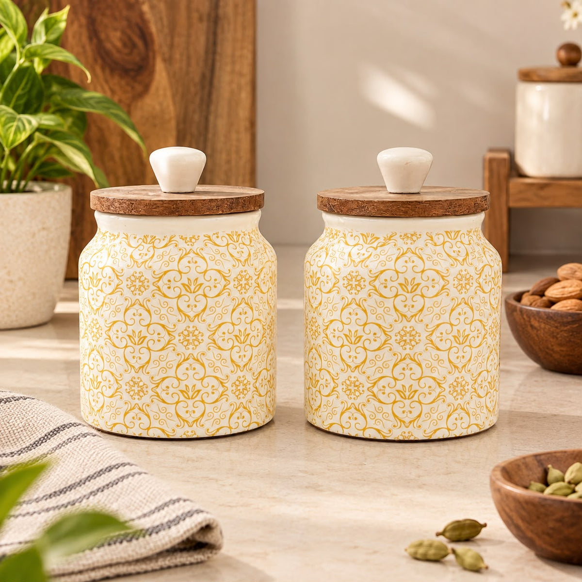 White and gold ceramic kitchen storage jars set of two with wooden lids