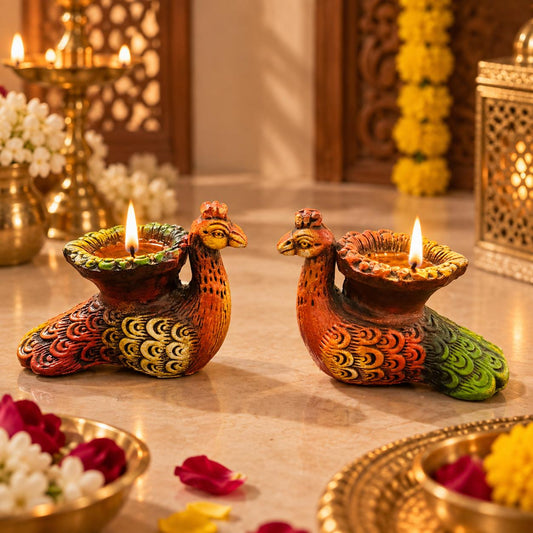 Peacock diya set of 2 with lit oil lamps for Diwali decoration