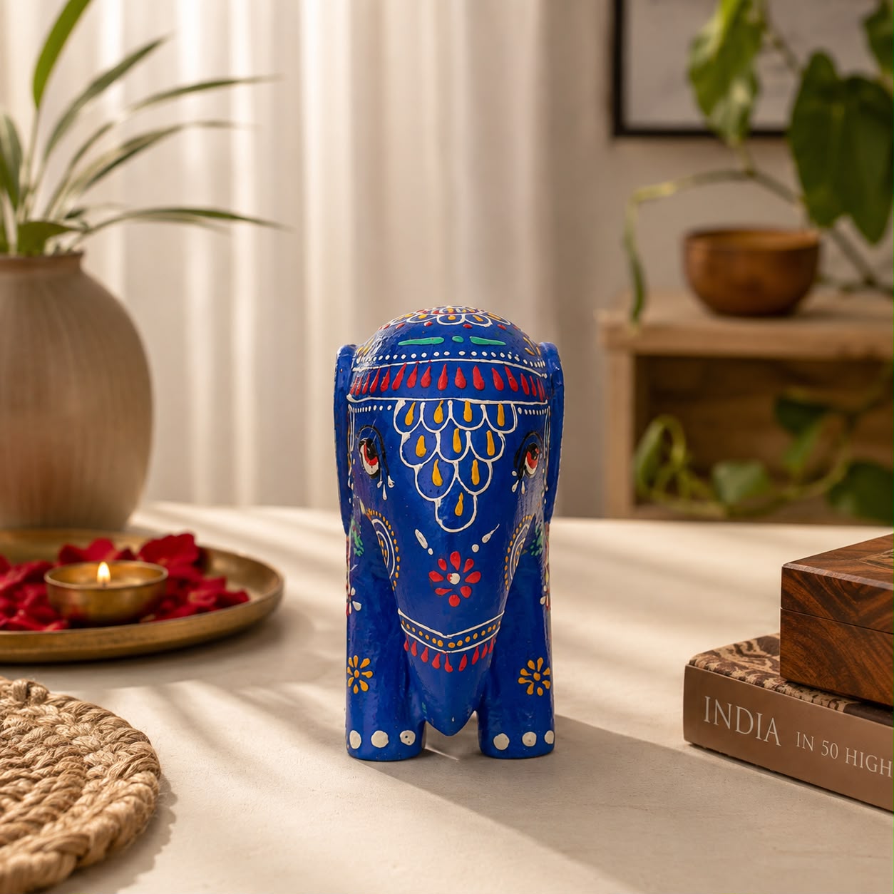 Hand-painted wooden elephant décor for living room and office styling