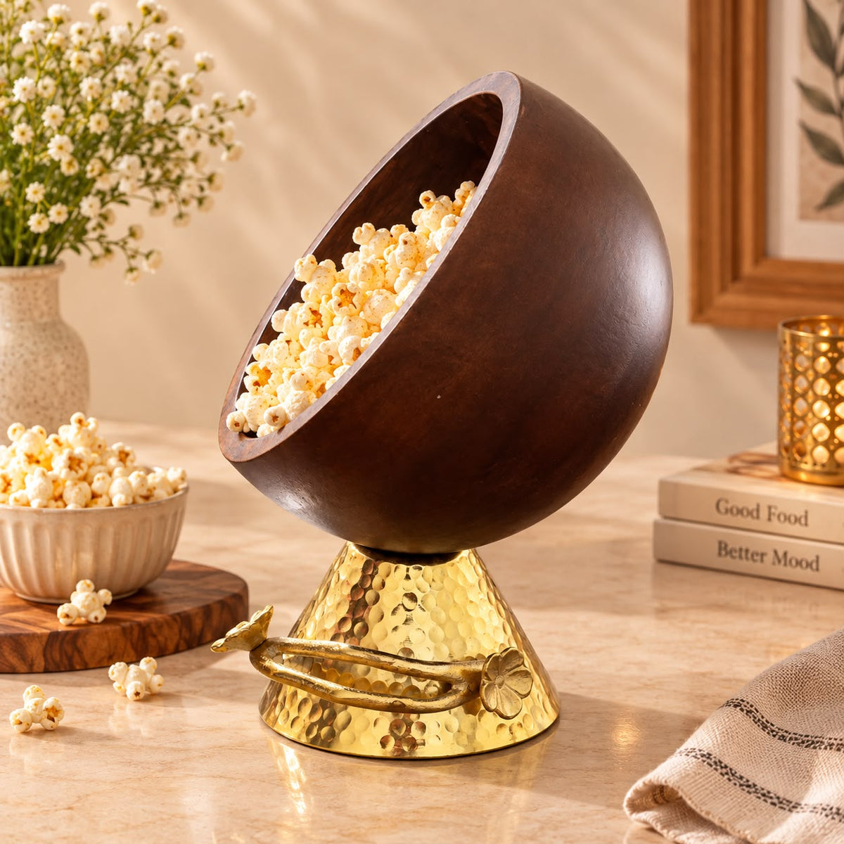A dark brown wooden popcorn bowl with a hammered gold metal base, filled with popcorn, styled on a beige tabletop with decorative props including flowers, books, and a small bowl of popcorn.