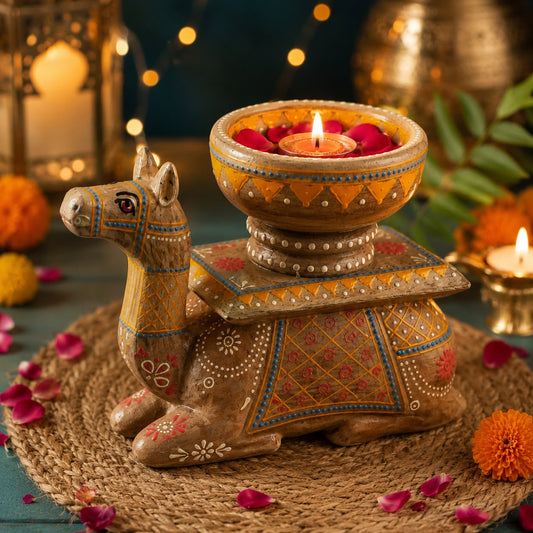 A decorative camel-shaped diya holder with a built-in bowl on its back, lit with red flowers and a candle, displayed on a woven mat with festive marigolds and bokeh lights in the background.