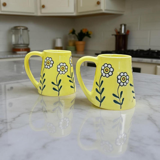 Sunshine Bloom Ceramic Mug Set of 2 | Floral Yellow Coffee & Tea Cups