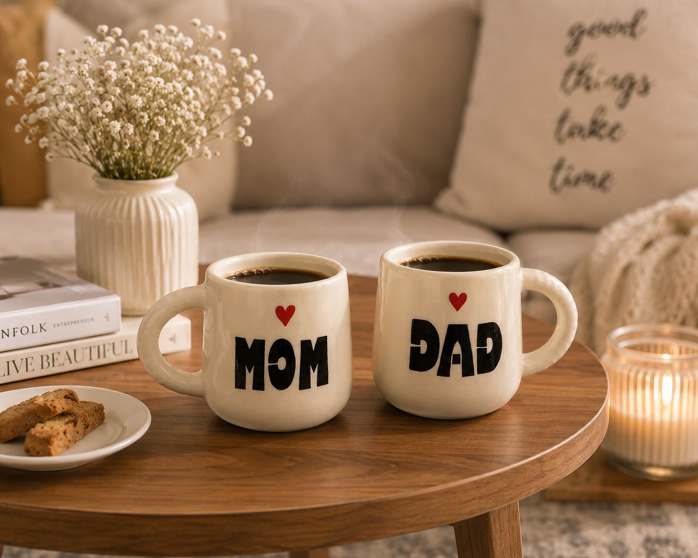 Two ceramic mugs on a wooden table in a cozy living room setting. One mug is cream with black text reading 'MOM' and a small red heart, and the other is cream with black text reading 'DAD' and a small red heart.