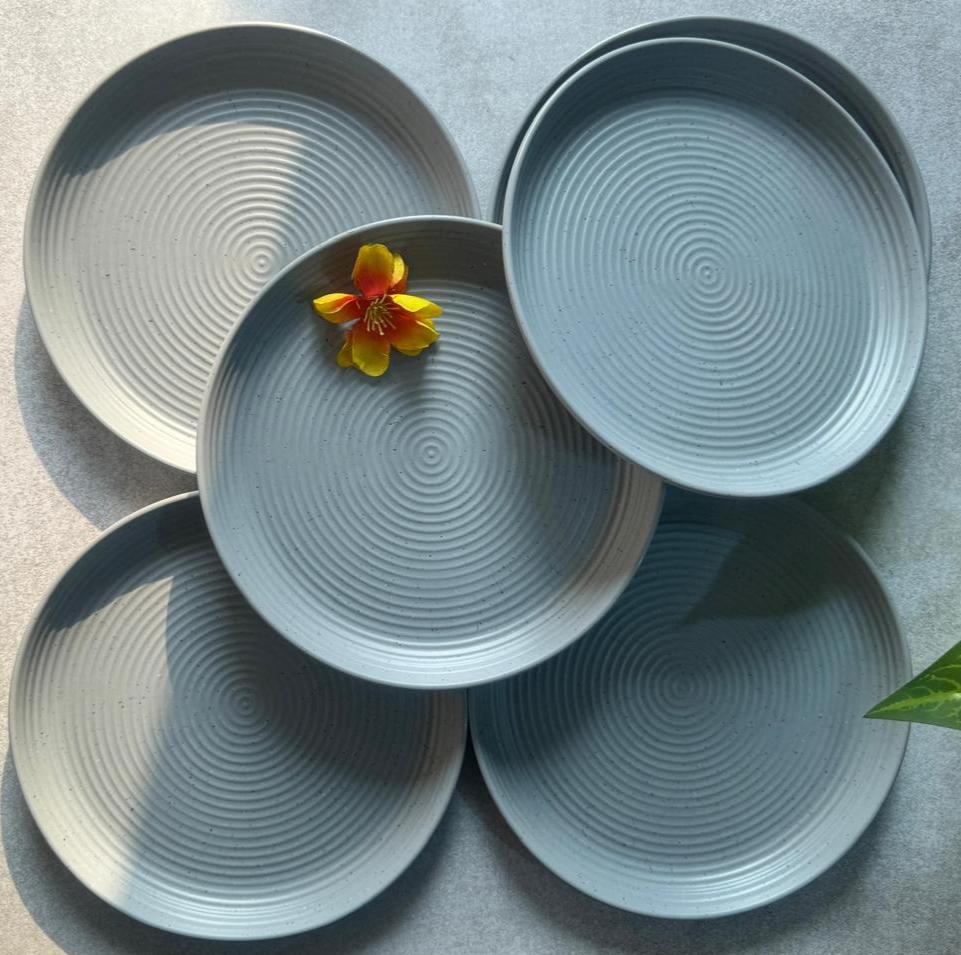 Set of 6 grey melamine snack plates for starters, desserts and everyday serving