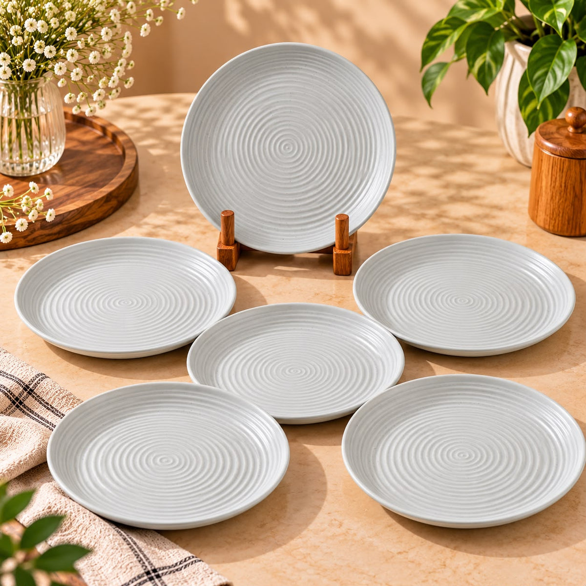 Grey melamine side plates set of 6 with concentric textured design