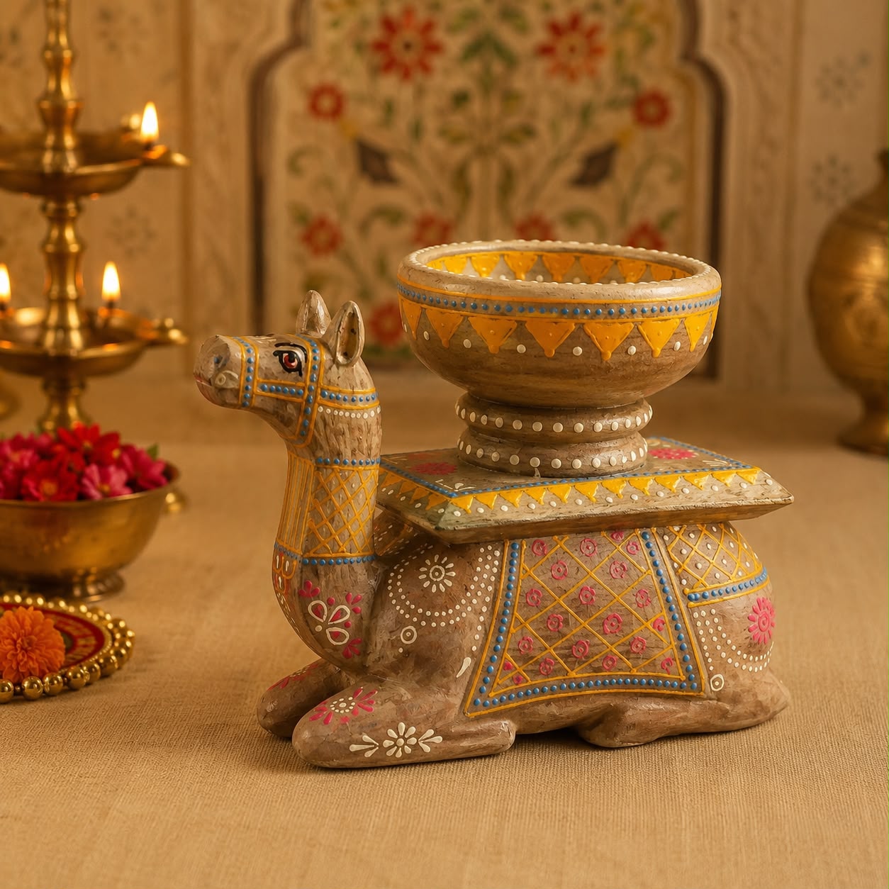 A decorative camel-shaped diya holder with a built-in candle cup, decorated with intricate yellow, pink, and blue geometric patterns, set against a warm, traditional background with lit oil lamps.