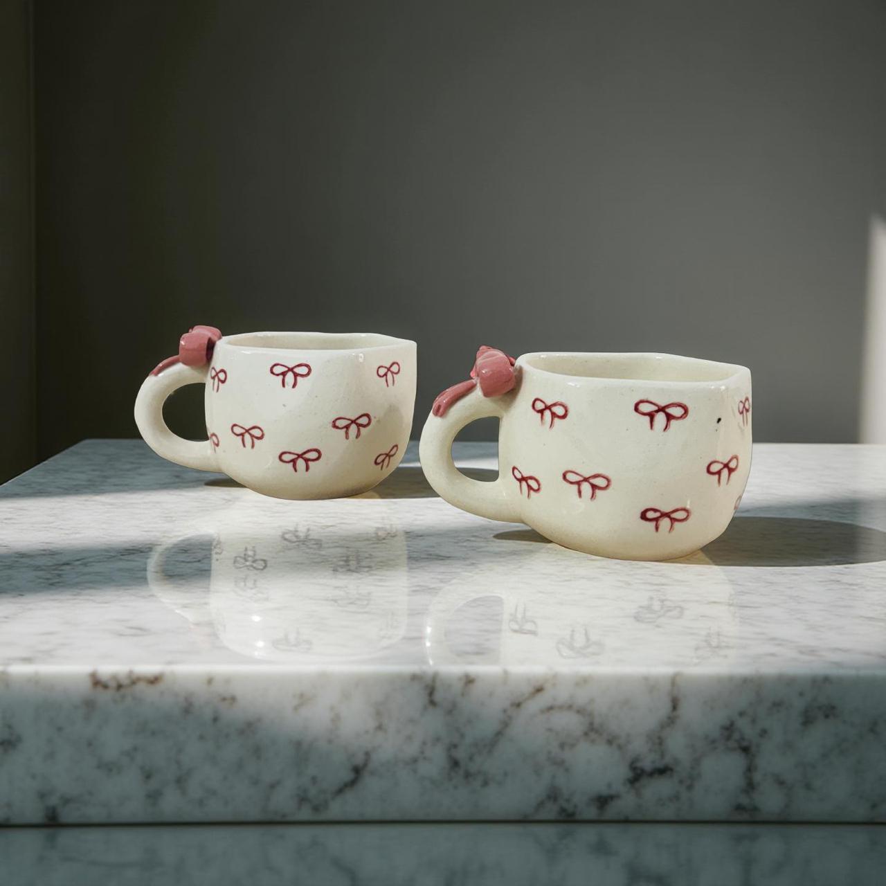 Two ceramic mugs with red bow designs on a marble surface.