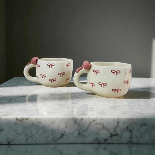 Two ceramic mugs with red bow designs on a marble surface.