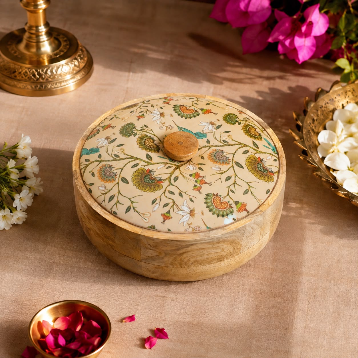 A round wooden box with a matching lid decorated with intricate floral and bird motifs in green, orange, and blue on a beige background, styled on a beige fabric surface with decorative flowers and a brass vessel nearby.