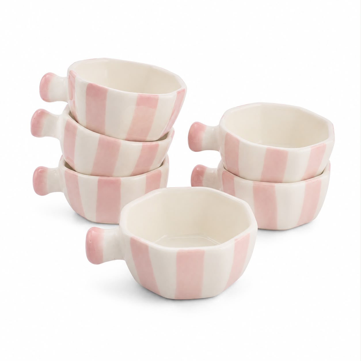 Six small ceramic bowls with pink and white vertical stripes, arranged in two stacks with one bowl in front on a white background.