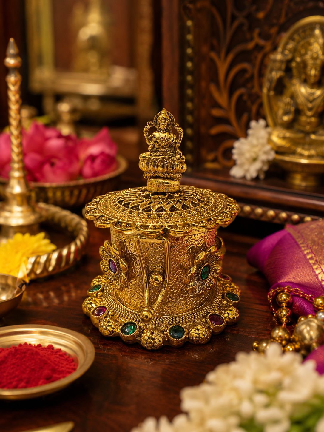 An ornate gold-toned decorative idol or lamp with a small figurine on top, set on a dark wooden surface with flowers, red powder, and other decorative items in a warm indoor setting.