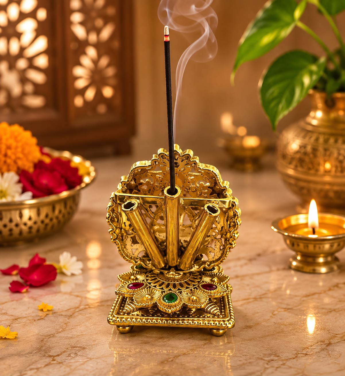 An ornate gold brass incense holder with a smoking incense stick, set on a marble surface with warm ambient lighting, flowers, and a lit candle in the background.