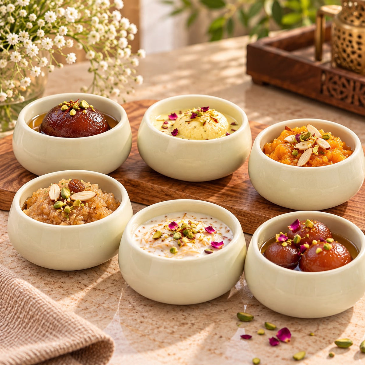 Set of six butter yellow ceramic katori bowls with a glossy glaze and rounded shape, arranged on a wooden board for kitchen styling.