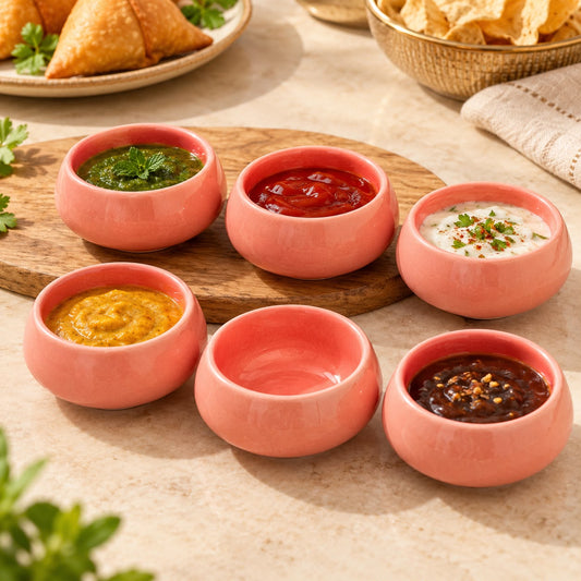 Set of six coral pink ceramic katori bowls with a glossy glaze and rounded design, displayed on a natural wooden board and beige countertop.
