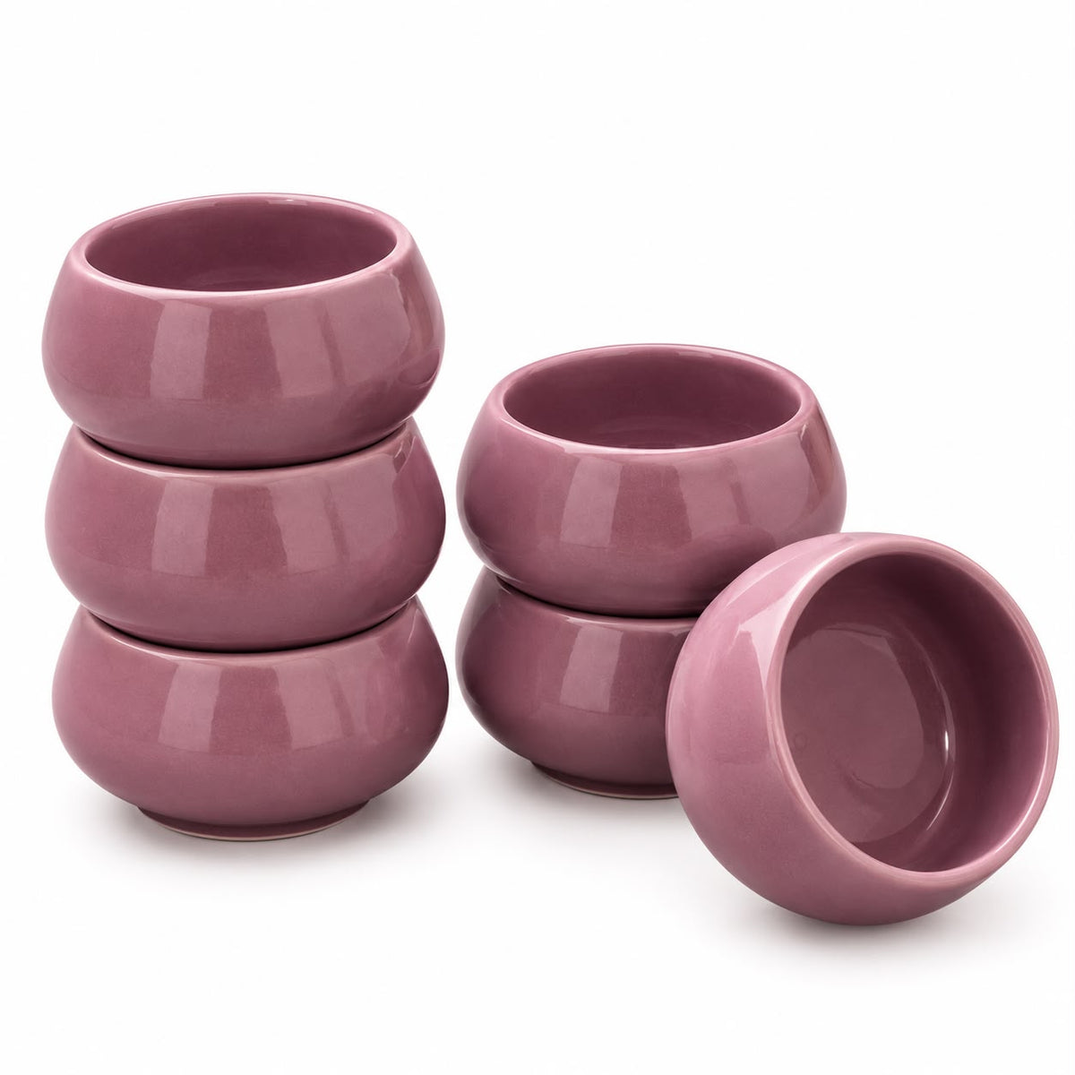Mauve ceramic chutney katori set featuring rounded bowls for serving mint chutney, yogurt dip, salsa and sauces with snacks.