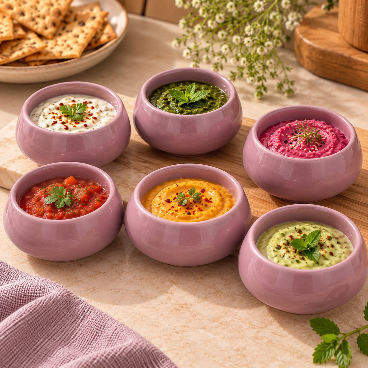 Set of 6 mauve pink ceramic dip bowls filled with assorted chutneys, hummus and creamy dips on a wooden serving board.