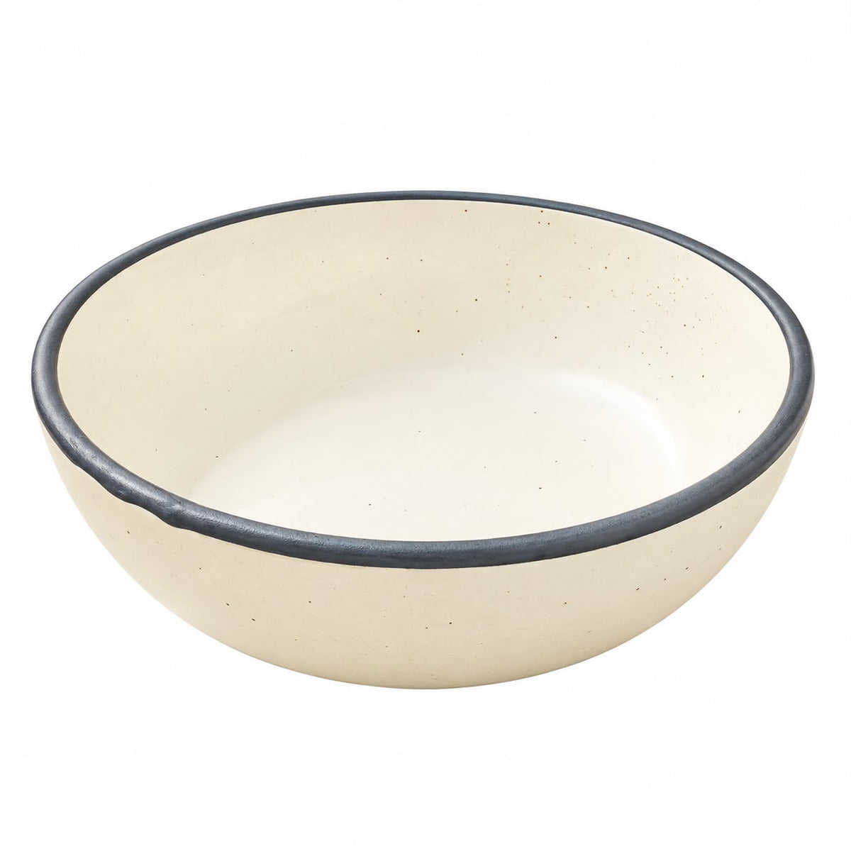 Cream ceramic salad bowl featuring a rustic speckled texture and dark grey border, styled with natural wood accents for a contemporary kitchen.