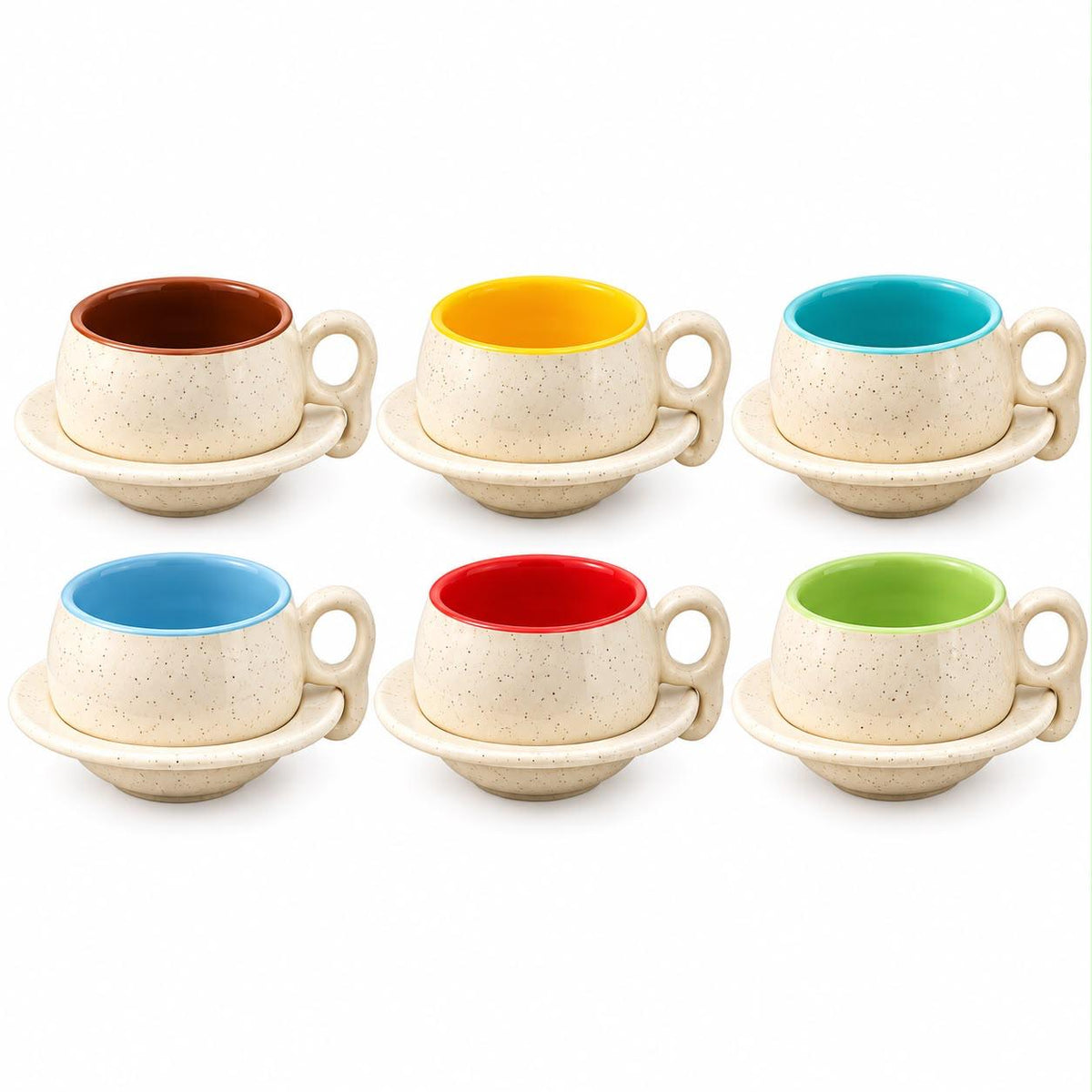 Beige speckled cappuccino cup and saucer set featuring six vibrant interior colours for everyday coffee and tea serving.