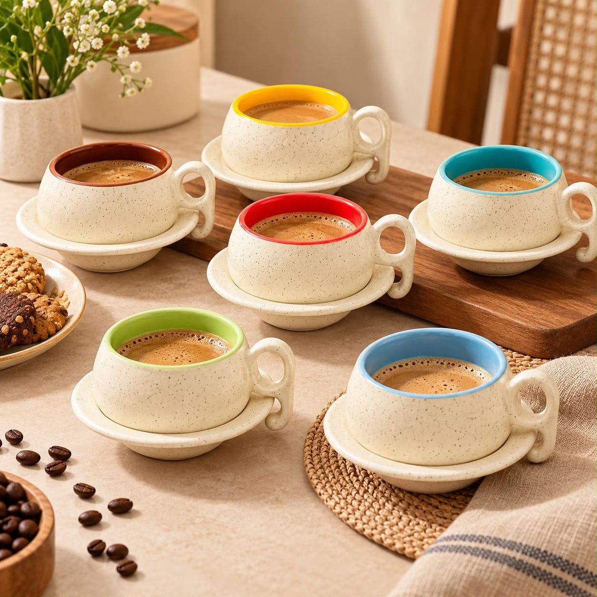Lupaava Speckled Ceramic Coffee Cups with Colourful Interiors and Saucers – Set of 6