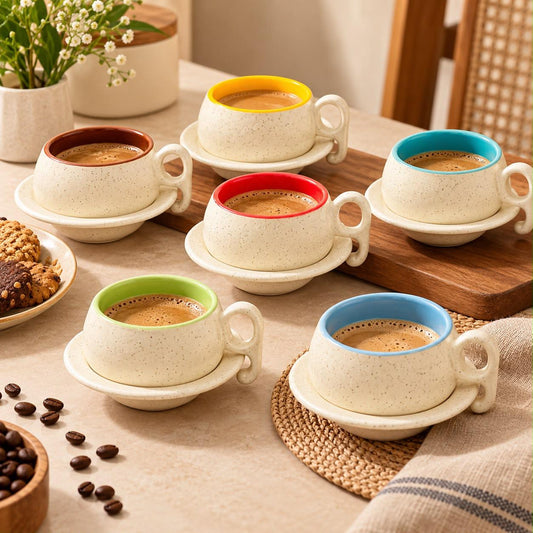 Lupaava Speckled Ceramic Coffee Cups with Colourful Interiors and Saucers – Set of 6