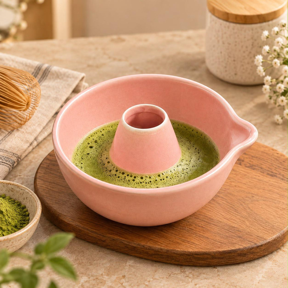 Matcha tea preparation bowl with ceramic whisk holder