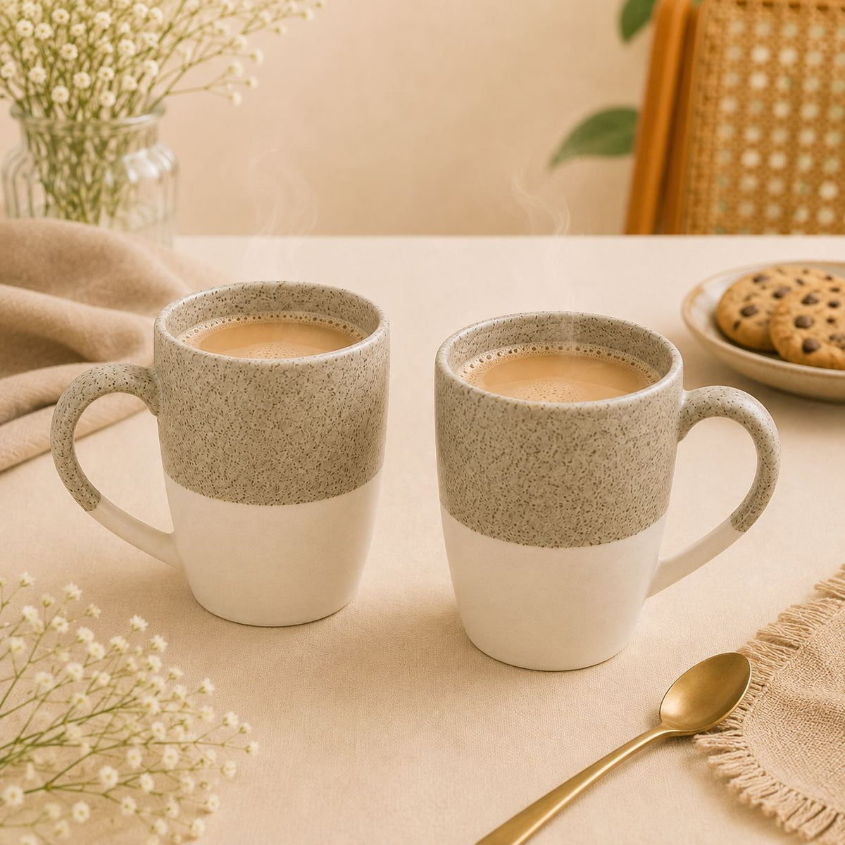Set of 2 speckled ceramic mugs in cream and beige for coffee and tea