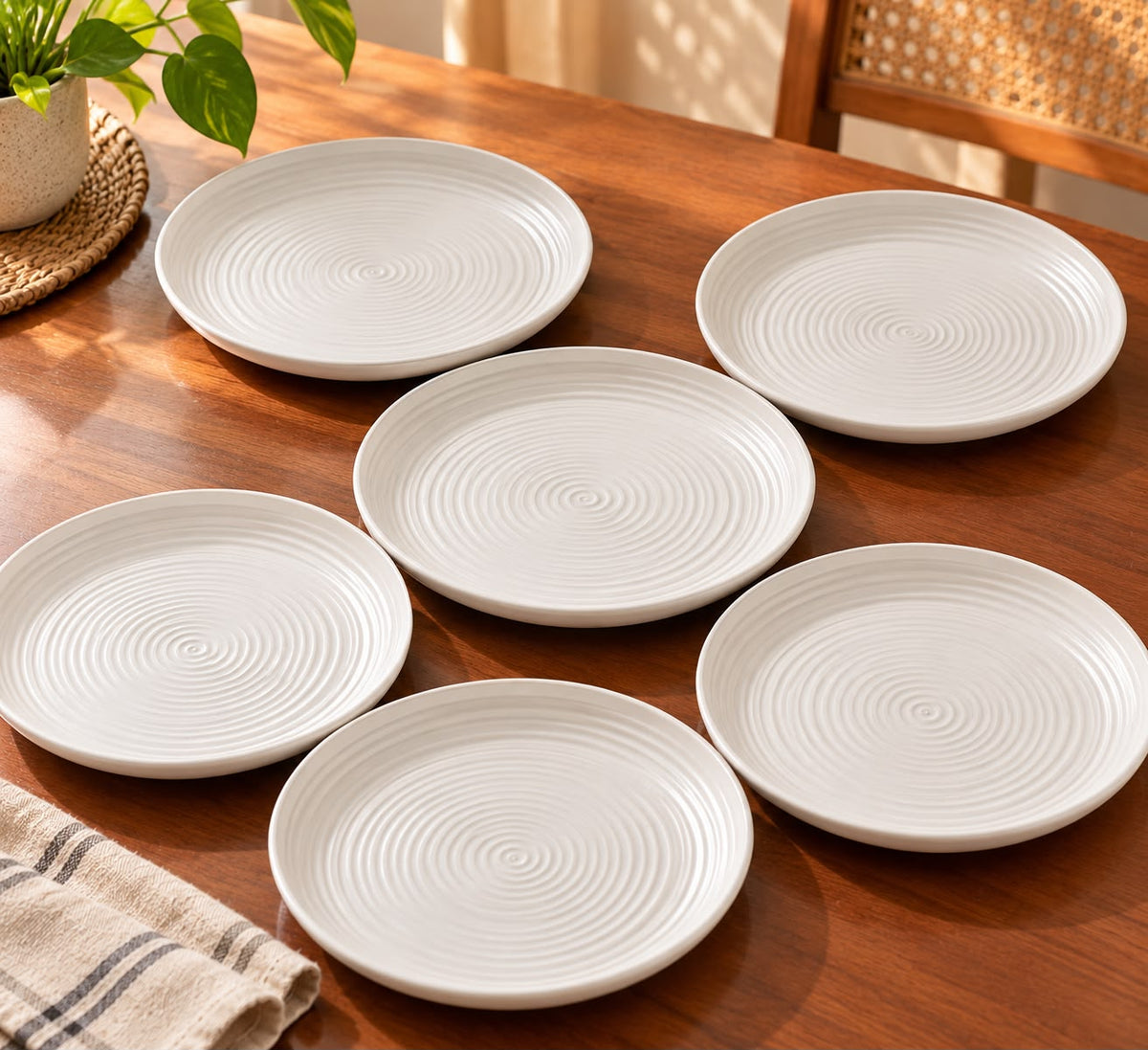 Round beige melamine side plates with modern ribbed texture, set of 6