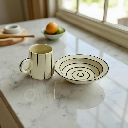 Rakhi gifting combo with ceramic mug and matching plate on marble countertop