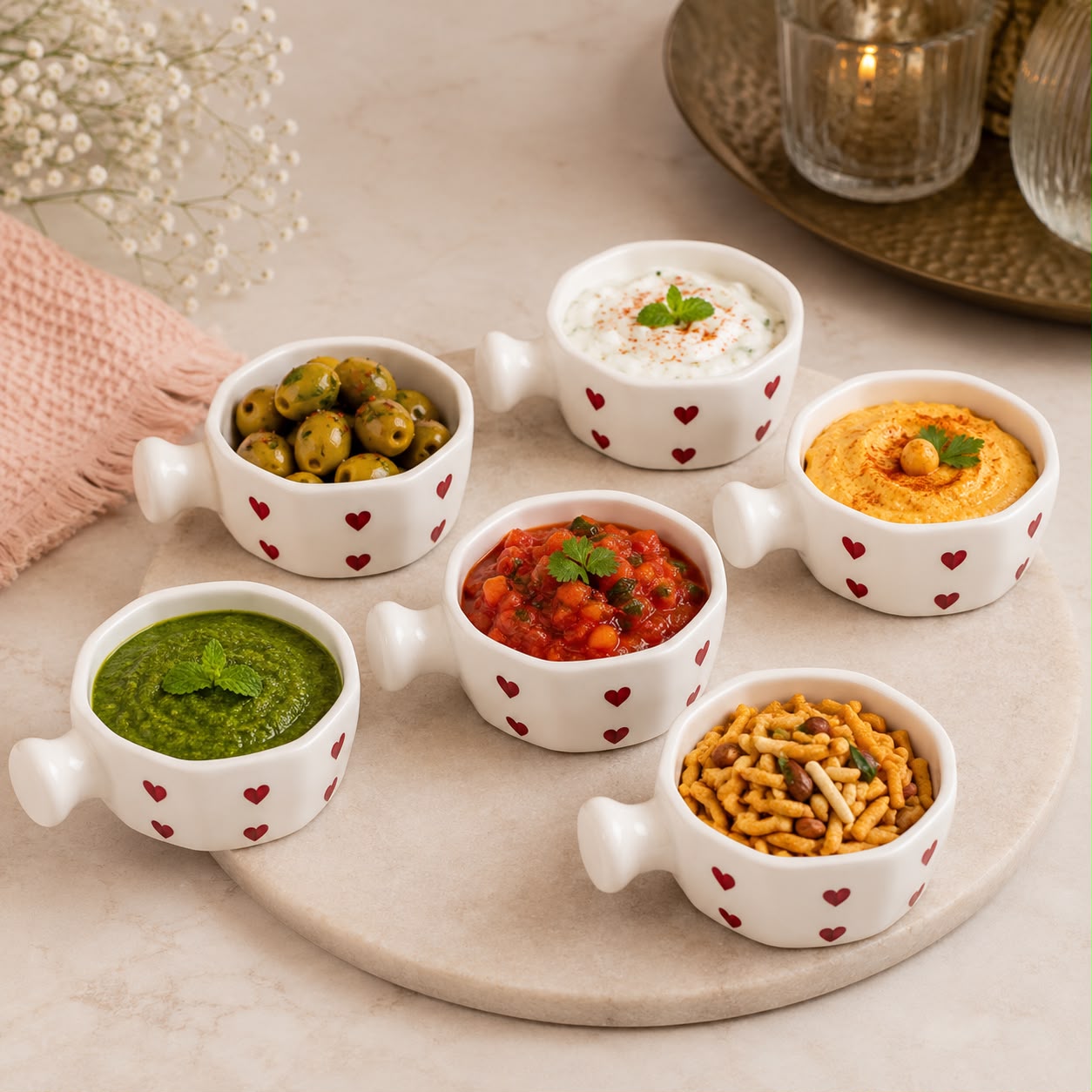 Six small white ceramic bowls with heart patterns are arranged on a round stone tray, filled with various foods like olives, dips, and snacks, set on a light marble surface.