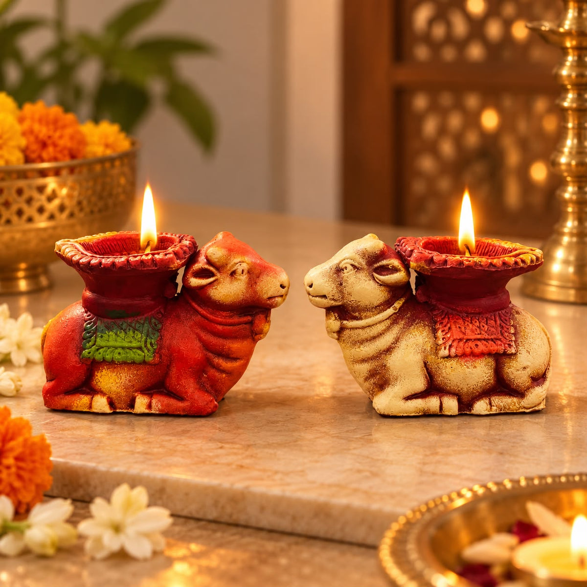Nandi diya set of 2 lit decorative bull shaped diyas for Diwali