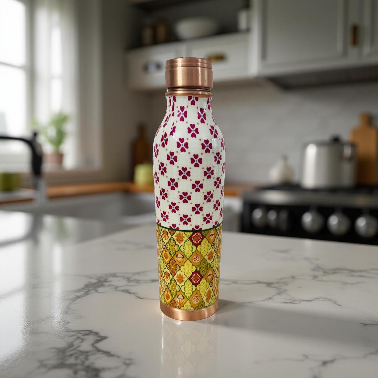 Colorful patterned water bottle on a kitchen counter