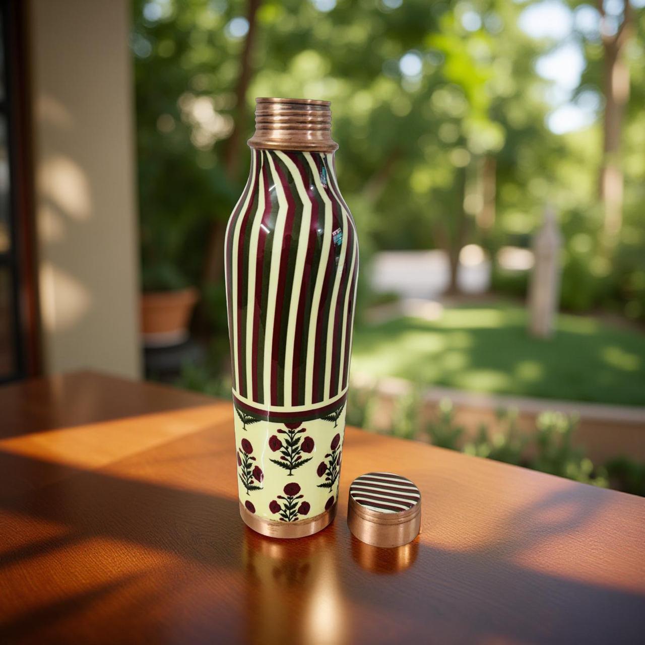 Printed copper water bottle with metal cap styled for modern home and office use