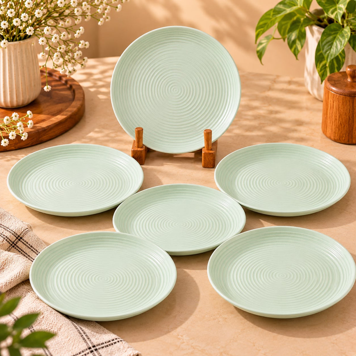 Pastel mint melamine side plates set of 6 with concentric ripple texture