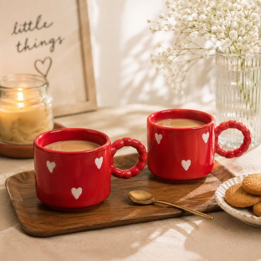 Red Heart Ceramic Coffee Mug Set of 2 with Beaded Handle by Lupaava