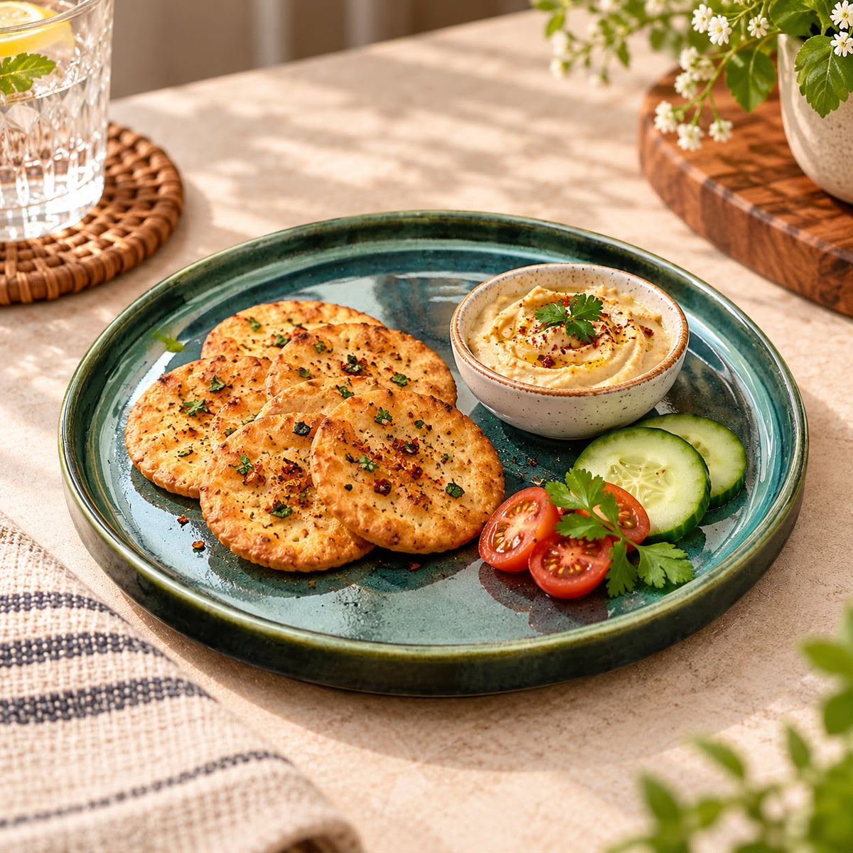 Lupaava deep teal green ceramic serving plate with glossy glaze on a warm neutral tabletop