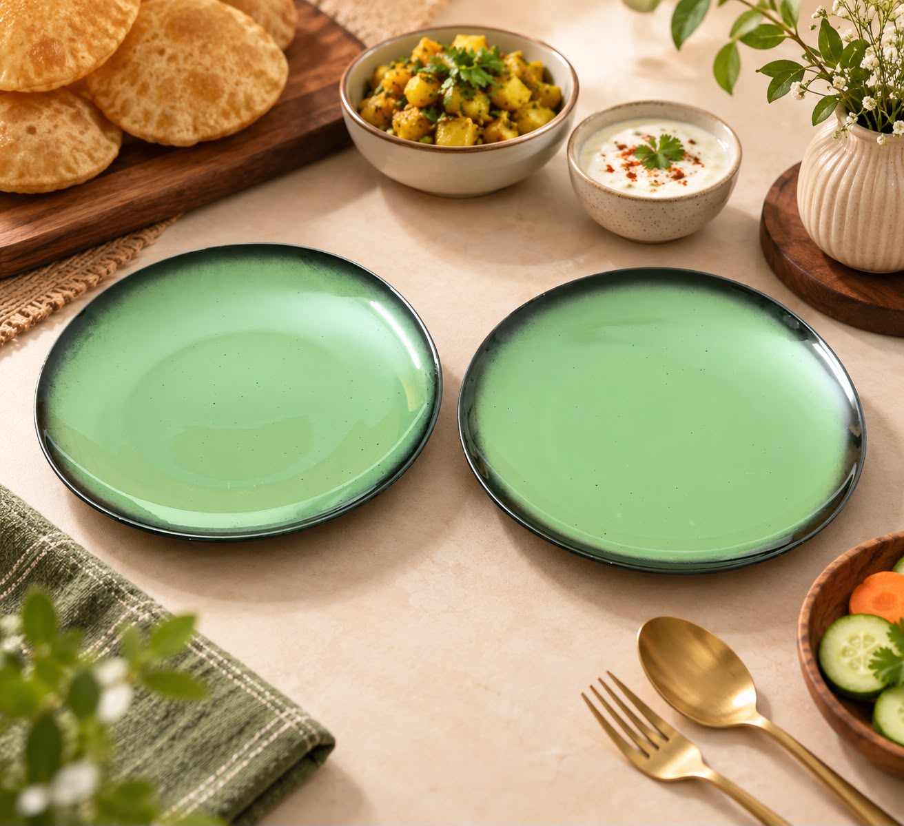 Bring a fresh, elegant touch to everyday dining with this sage green ceramic dinner plates set. Designed with a smooth glazed finish and a modern dark rim, these plates add a premium yet minimal look to your dining table.