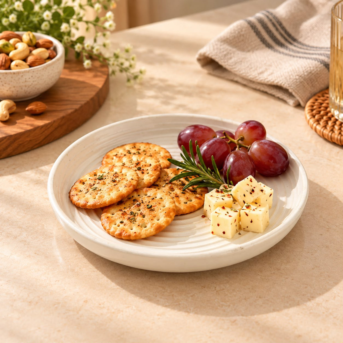 Ivory ceramic snack plate with a ridged surface arranged with crackers, grapes and cheese cubes.