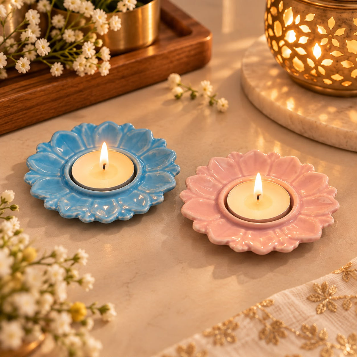 Lupaava pastel ceramic flower tealight holder for home decor