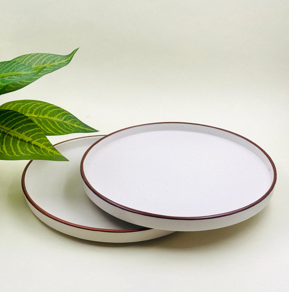 White Matt Ceramic Flat Plates ( Brown Ring Set of 2 )