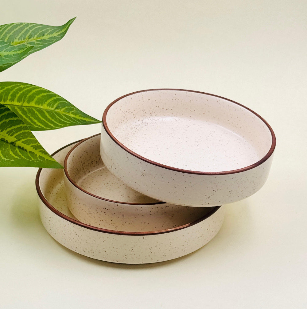 Ceramic Bowl Set Flat Bowls ( Set of 3 Off White with Brown Ring)