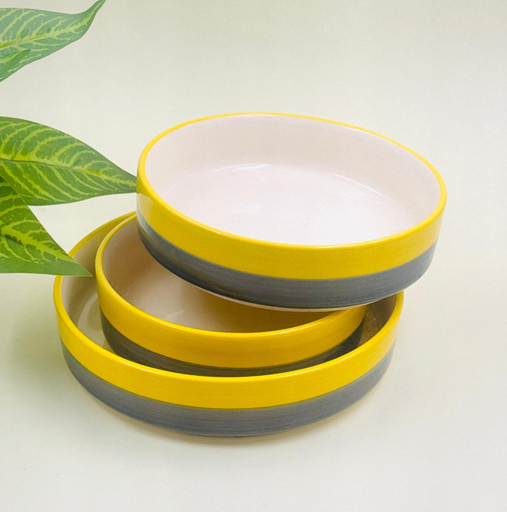 Ceramic Flat Deep Serving Bowls Set of 3 ( Yellow & Gray )