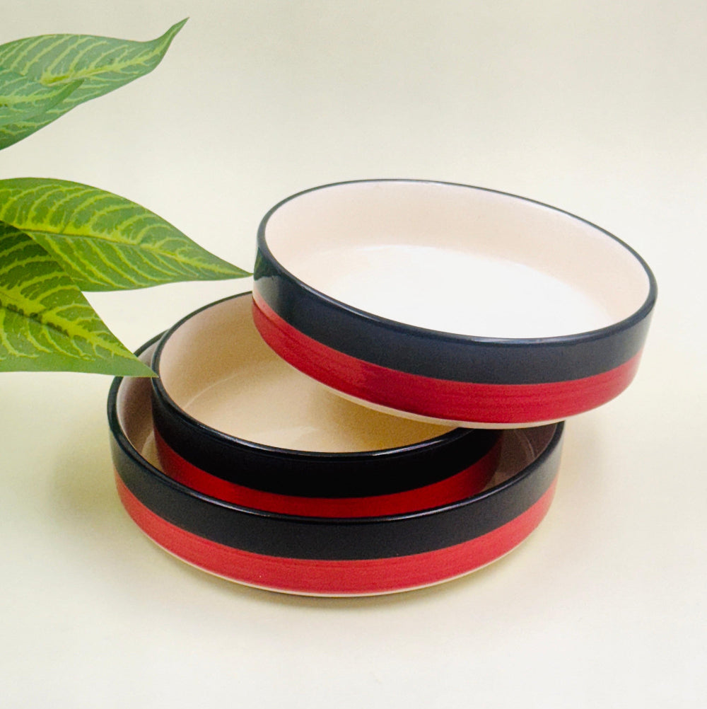 Ceramic Serving Flat Bowls ( Set fo 3 Marron and Black)