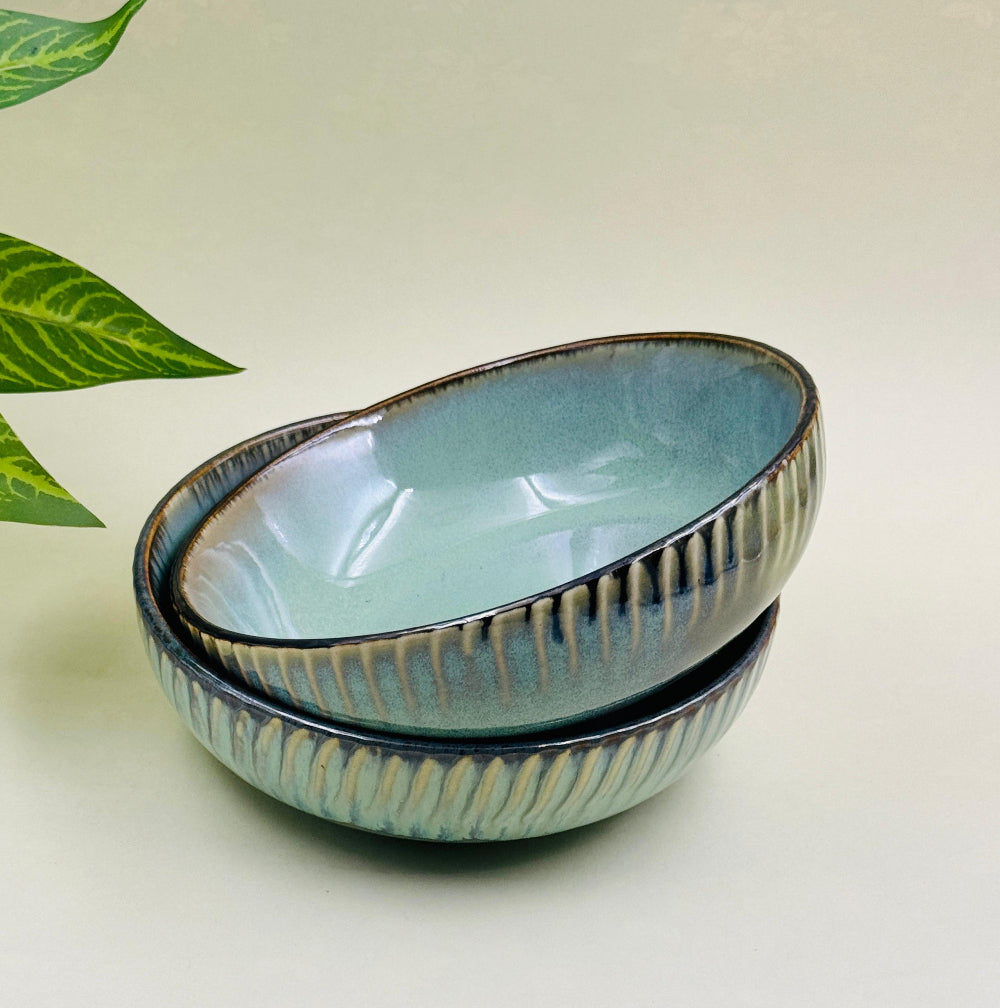 Fusion Brown and Green Textured Ceramic Soup Bowl Set