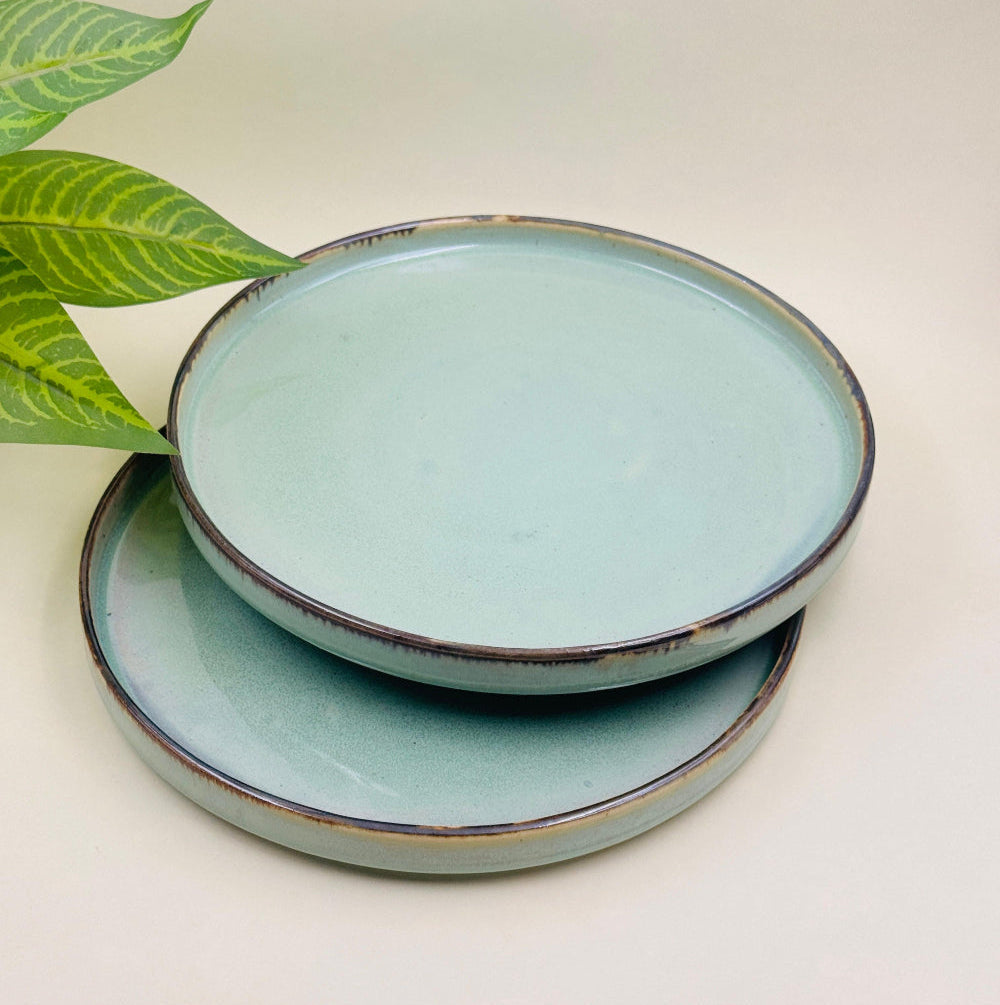 Pastel Green Flat Ceramic Dinner Plates ( Brown Border Set of 2 )